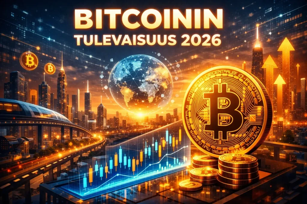 Tulevaisuuden Bitcoin 2026: Kultaista Bitcoin- kolikkoa ympäröivät datakaaviot, raketti ja futuristinen kaupunkimaisema, symboloiden kryptovaluutan kasvua.