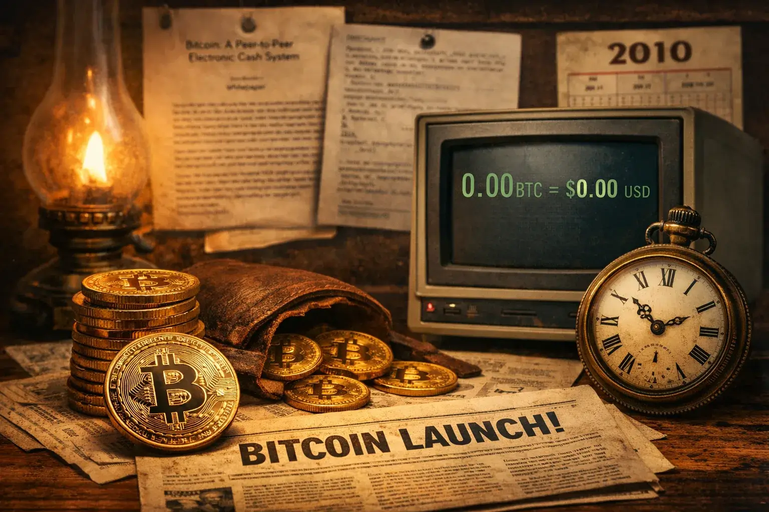 Bitcoinin alkuvaiheita kuvaava kuvitus, jossa näkyy varhaisia Bitcoin-kolikoita, vuoden 2010 aikakauden tietokone ja uutinen Bitcoinin lanseerauksesta