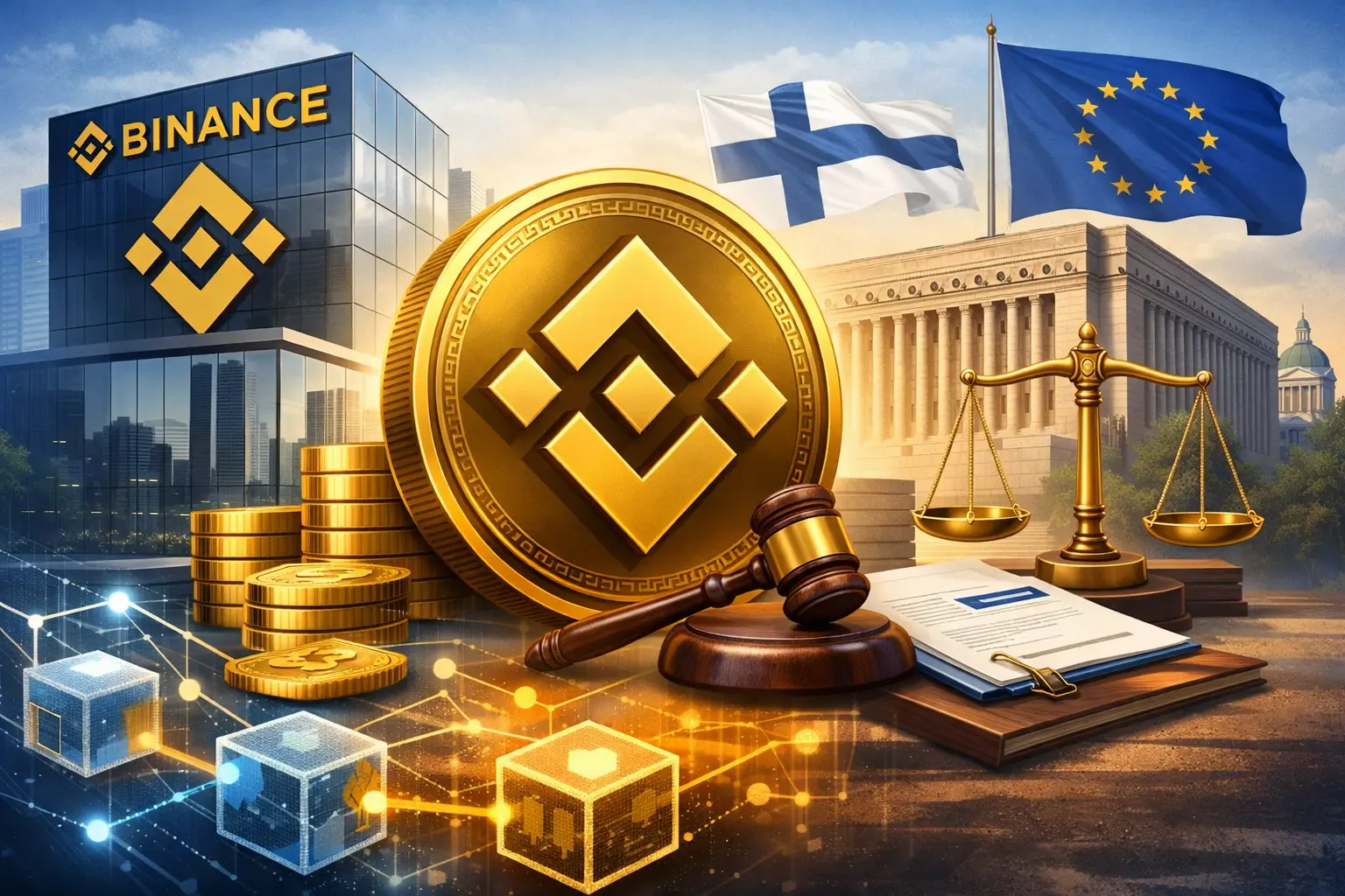 Binance Coin (BNB) ja kryptovaluuttojen sääntelyä kuvaava havainnekuva Suomessa