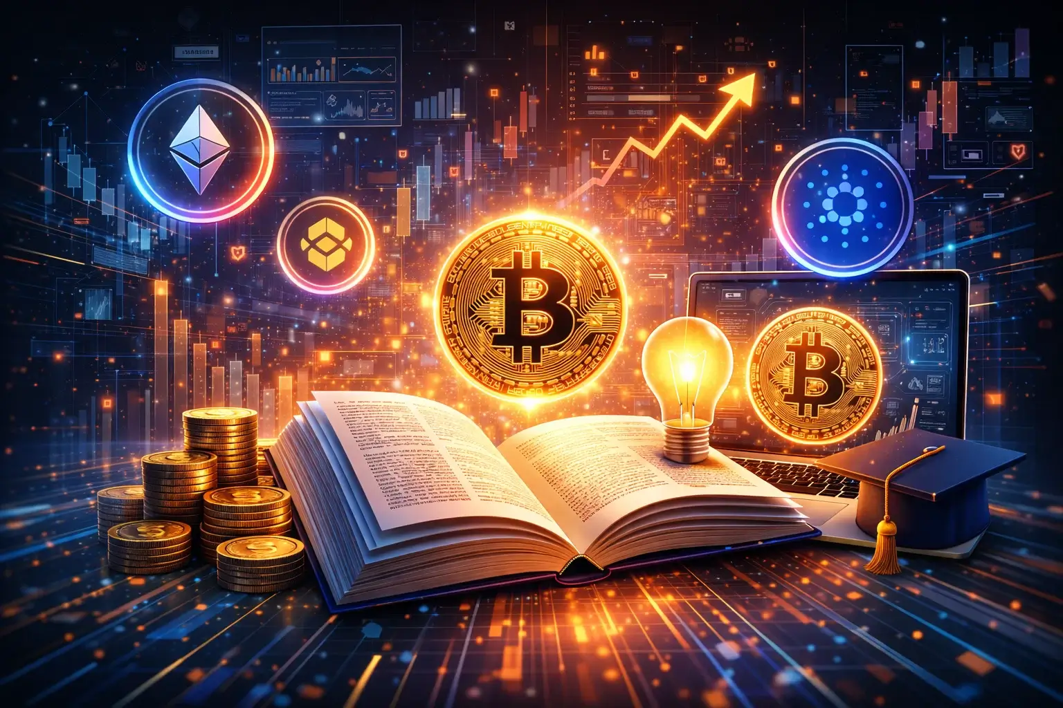 Krypto-opas: kuvitus kryptovaluuttojen oppimisesta, jossa avoin kirja, kannettava tietokone, Bitcoin-symbolit ja kaaviot digitaalisessa ympäristössä.