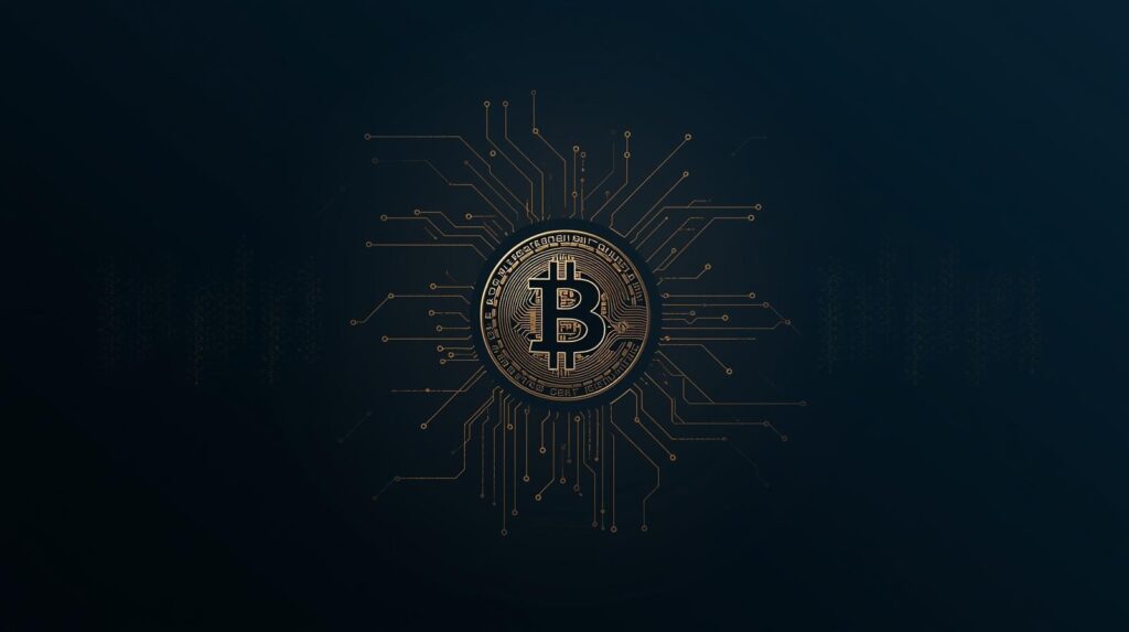 Kuvitus kvanttilaskennasta ja Bitcoinista, jossa futuristinen tietokoneteknologia yhdistyy Bitcoin-symboliikkaan