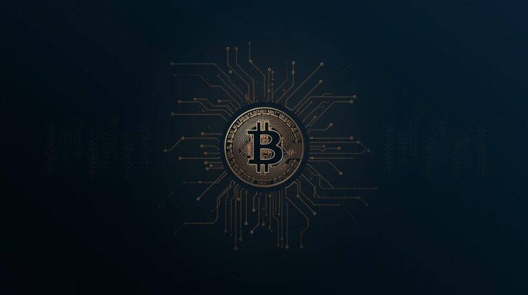 Kuvitus kvanttilaskennasta ja Bitcoinista, jossa futuristinen tietokoneteknologia yhdistyy Bitcoin-symboliikkaan