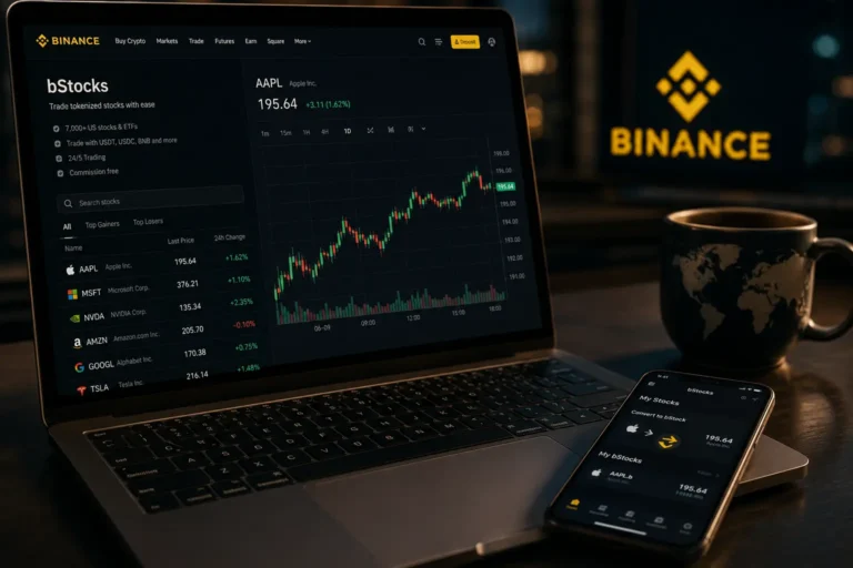 Binance bStocks platform displayed on a laptop and smartphone in a dark desk setting, showing tokenized stock trading with Apple (AAPL) at $195.64 (+1.62%), alongside a candlestick chart and a list of stocks including MSFT, NVDA, AMZN, GOOGL, and TSLA. The Binance logo is visible on a screen in the background.