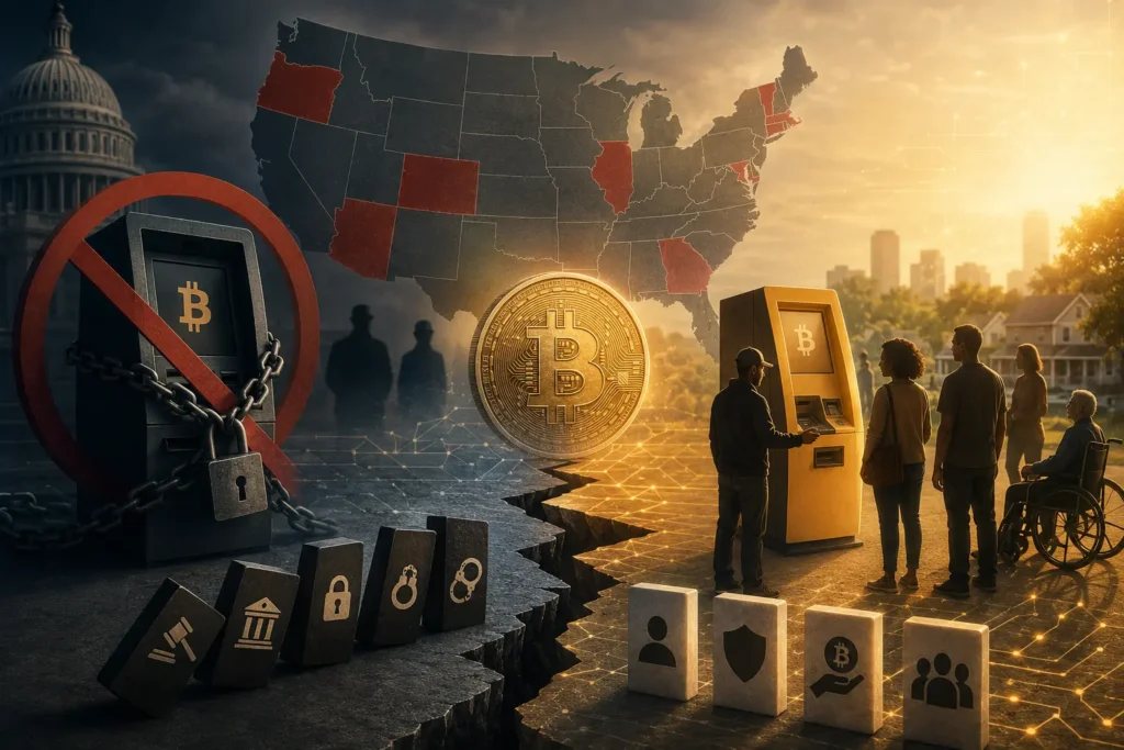 itcoin-automaattikiellot Yhdysvalloissa – lukittu Bitcoin-automaatti punaisella kieltomerkillä vasemmalla, punaisilla osavaltioilla merkitty USA:n kartta keskellä ja käyttäjiä toimivalla Bitcoin-automaatilla oikealla
