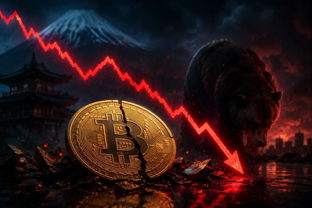 Bitcoin hinta lasku 2026 – särkynyt Bitcoin-kolikko ja punainen laskeva nuoli Mt. Fuji -taustalla