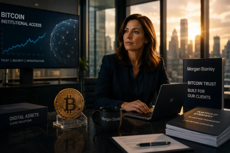A professional woman in a dark blazer sits at a sleek marble desk in a high-rise office at sunset, working on a laptop. The desk displays a gold Bitcoin coin on a clear stand, a Morgan Stanley branded mug, a booklet reading 'Bitcoin Trust — Built for Our Clients,' and a 'Portfolio Strategy Allocation Framework' document. A monitor in the background shows 'Bitcoin Institutional Access' with an upward-trending chart. A city skyline is visible through floor-to-ceiling windows."
