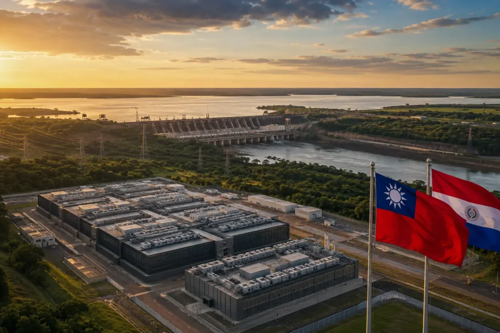 Ilmakuva, jossa Taiwan rakentaa datakeskuksen suureen teollisuuskompleksiin auringonlaskun aikaan — etualalla liehumassa Taiwanin ja Paraguayn liput, taustalla massiivinen vesivoimala joella ja vihreä maisema horisonttiin ulottuvana.