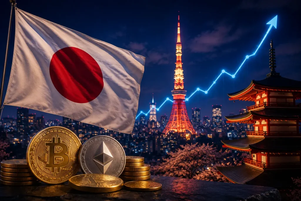 Kryptovero Japanissa muuttuu – Bitcoin ja Ethereum kolikot Tokion tornin edessä nousevalla kurssikaaviolla