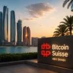 Bitcoin Suisse Abu Dhabi -toimisto Abu Dhabin modernin kaupunkisiluetin edustalla.