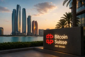 Bitcoin Suisse Abu Dhabi -toimisto Abu Dhabin modernin kaupunkisiluetin edustalla.