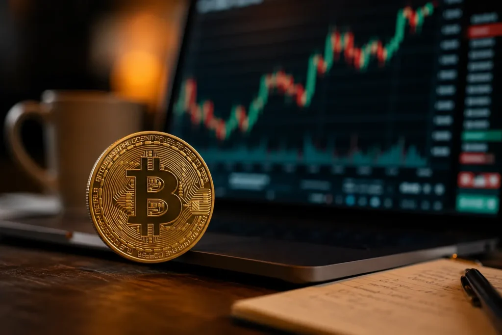 Bitcoinin 21 miljoonan raja kuvattuna kultaisena Bitcoin-kolikkona pöydällä kannettavan tietokoneen edessä, jonka näytöllä näkyy sumea kryptovaluuttakurssi hämärässä työympäristössä.