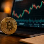Bitcoinin 21 miljoonan raja kuvattuna kultaisena Bitcoin-kolikkona pöydällä kannettavan tietokoneen edessä, jonka näytöllä näkyy sumea kryptovaluuttakurssi hämärässä työympäristössä.