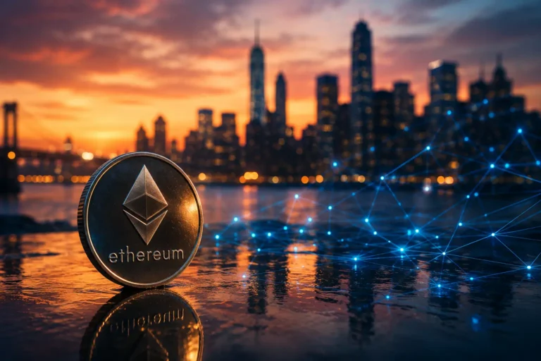 Ethereum-kolikko kaupunkisiluetin edessä kuvastaa, miten Ethereumin verkon kasvu jatkuu