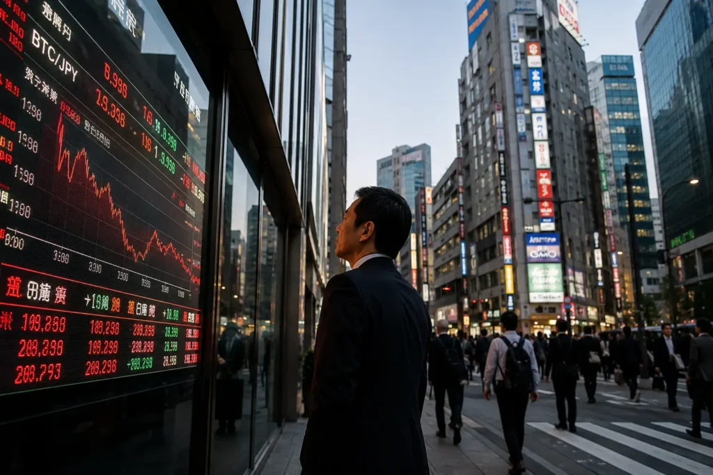 Japanin kryptovaluuttojen verotus uudistuu – mies seuraa Bitcoin-kurssia Tokion pörssinäytöltä