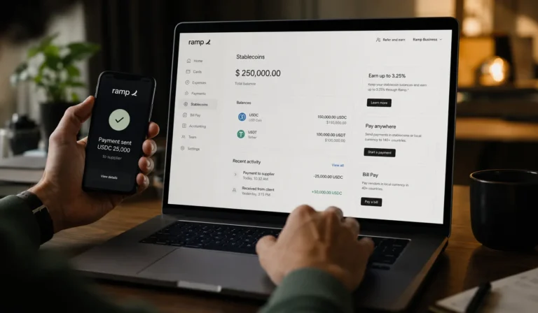 Rampin stablecoin-tilit yrityksille Solanassa näkyvät kannettavalla