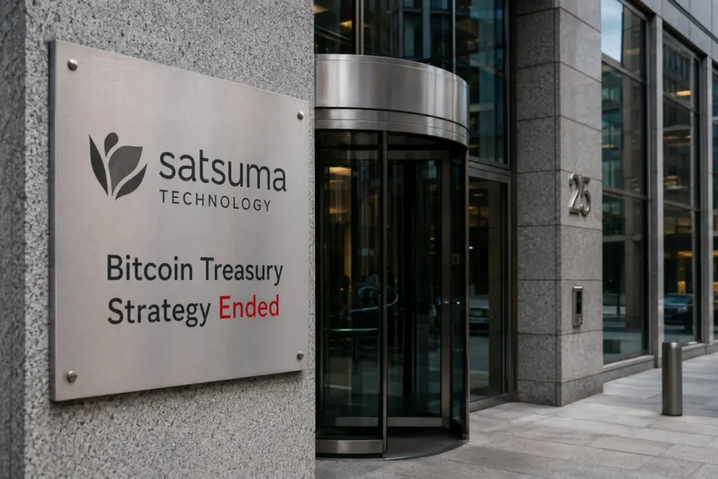 Satsuma Technologyn Bitcoin-treasury päättyy -kyltti pääkonttorin edessä