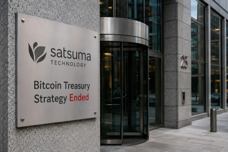 Satsuma Technologyn Bitcoin-treasury päättyy -kyltti pääkonttorin edessä