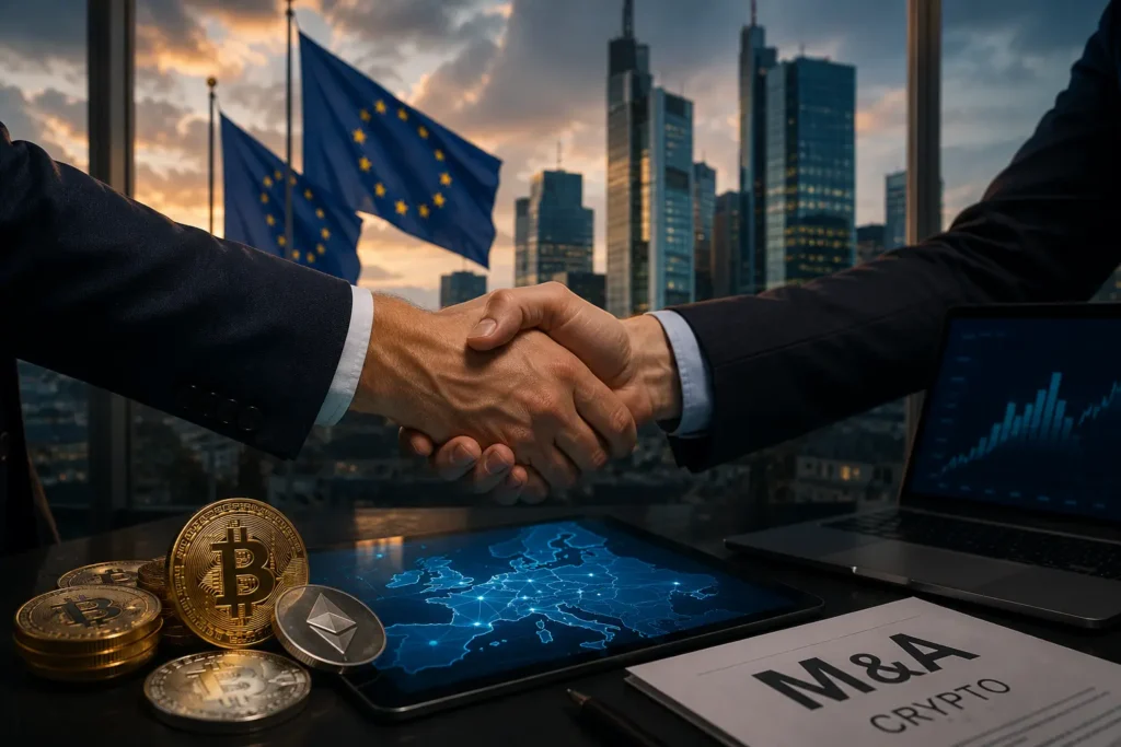 Kädenpuristus kuvaa, miten kryptoalan yrityskaupat kasvavat Euroopassa