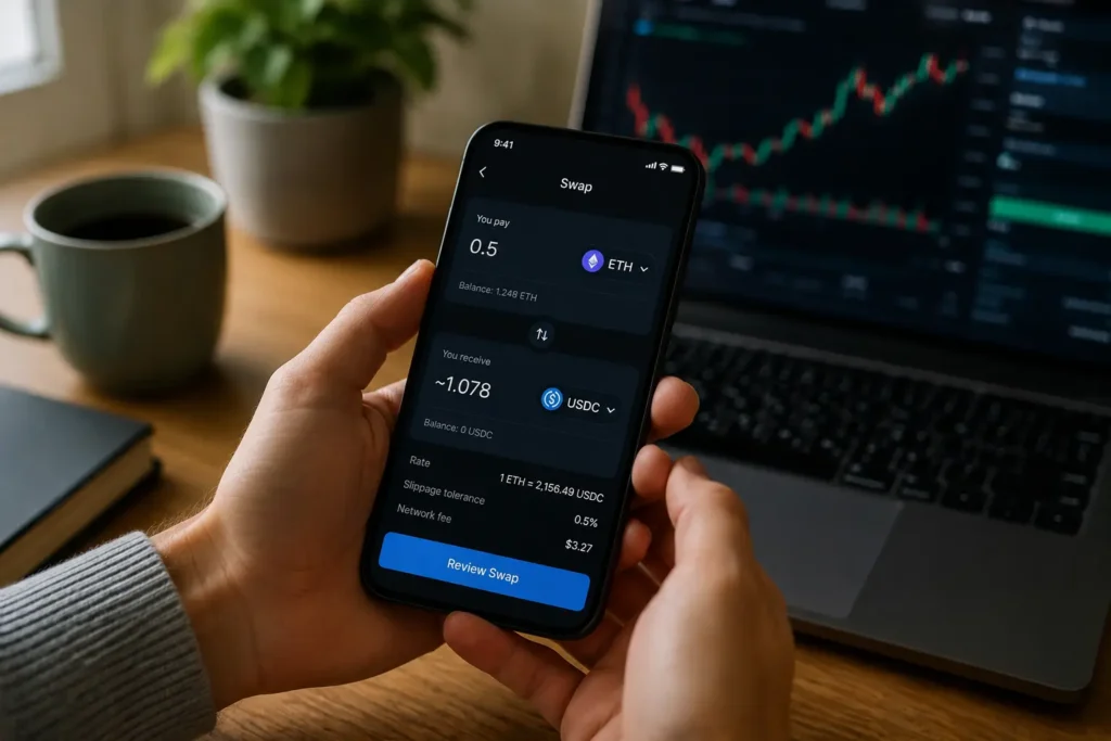 Kryptovaluutan vaihto toiseen kryptoon älypuhelimella kryptolompakon kautta.