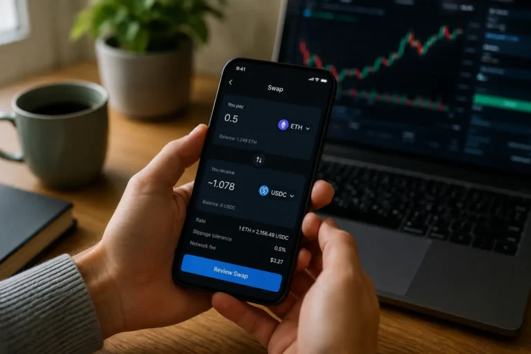 Kryptovaluutan vaihto toiseen kryptoon älypuhelimella kryptolompakon kautta.
