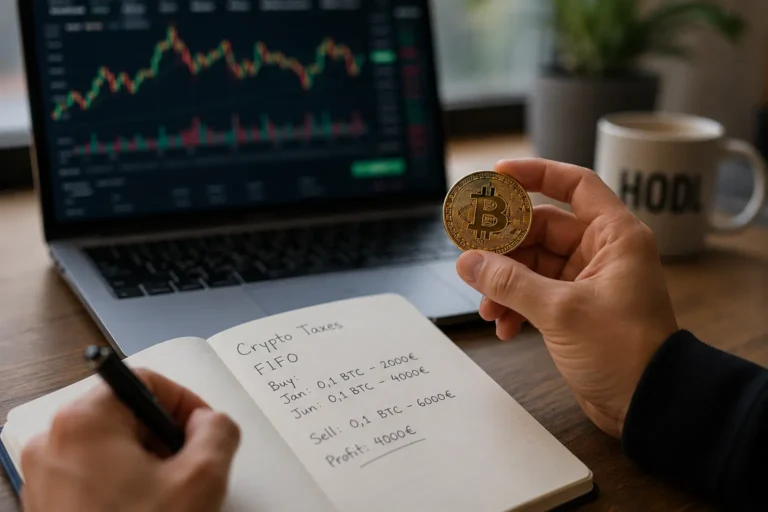 FIFO-periaate kryptoverotus Suomessa 2026 -esimerkki: bitcoin-kolikko ja muistikirja, johon on laskettu ostoerän myyntivoitto