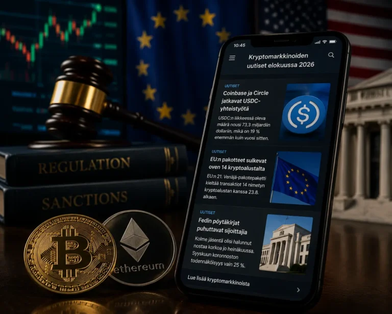 Kryptomarkkinoiden uutiset elokuussa 2026: älypuhelimen uutisnäkymä Coinbasen ja Circlen USDC-sopimuksesta, EU:n kryptopakotteista ja Fedin pöytäkirjoista, taustalla pörssikäyrä, nuija sekä bitcoin- ja ethereum-kolikot