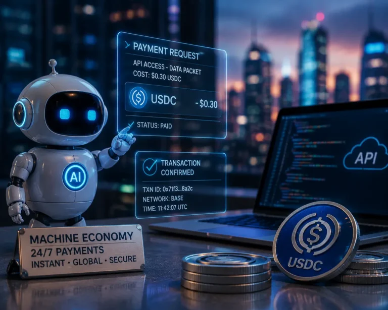 Kryptovaluutan seuraava miljardi käyttäjää: tekoälyrobotti maksaa 0,30 dollarin API-kutsun USDC-stablecoinilla, näytöllä vahvistettu Base-verkon transaktio ja teksti Machine Economy 24/7 Payments
