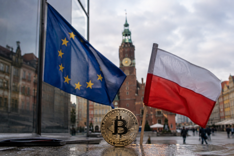 MiCA mullisti Puolan kryptomarkkinat – EU:n ja Puolan liput sekä bitcoin-kolikko Wrocławin torilla kuvaavat sääntelyn vaikutusta