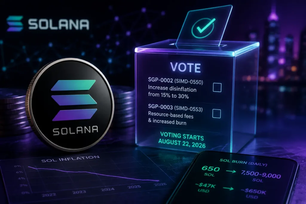 Solana SOL inflaatio äänestys: äänestyslaatikko, jossa SGP-0002- ja SGP-0003-ehdotukset sekä SOL-kolikon poltto ja inflaatiokäyrä
