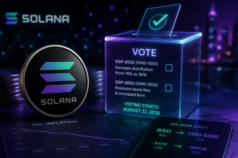 Solana SOL inflaatio äänestys: äänestyslaatikko, jossa SGP-0002- ja SGP-0003-ehdotukset sekä SOL-kolikon poltto ja inflaatiokäyrä