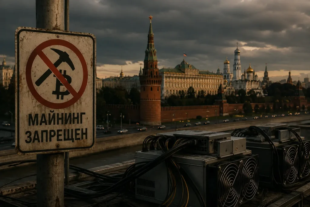 Venäjä kieltää kryptolouhinnan Moskovassa, kielto­kyltti ja louhintalaitteet Kremlin edustalla