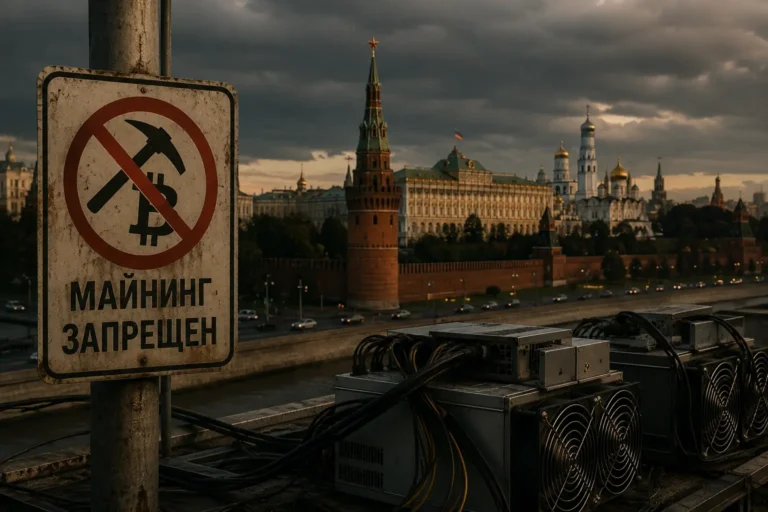 Venäjä kieltää kryptolouhinnan Moskovassa, kielto­kyltti ja louhintalaitteet Kremlin edustalla