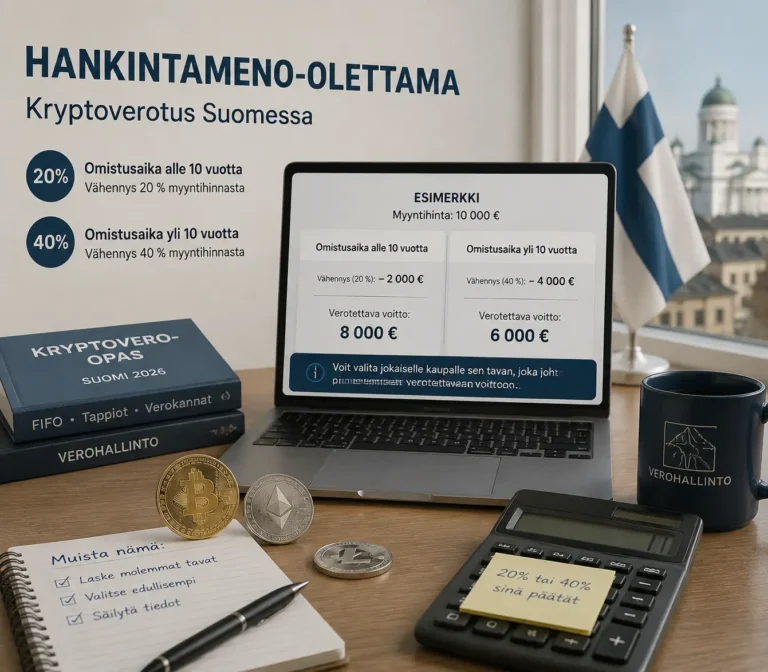 Hankintameno-olettama kryptovaluutan verotuksessa: 20 % ja 40 % vähennyslaskelma läppärillä, taustalla Suomen lippu ja kryptokolikoita