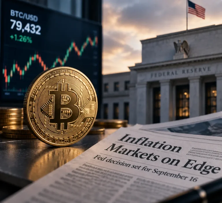 Bitcoinin hintanäkymät ja inflaatio: Bitcoin-kolikko Fedin rakennuksen edessä