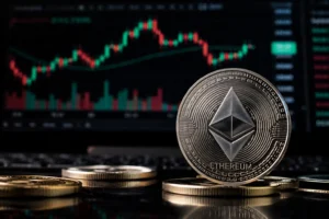 Ethereumin hinnan tekninen analyysi: hopeinen Ethereum-kolikko punavihreän pörssikäyrän edessä muiden kolikoiden keskellä