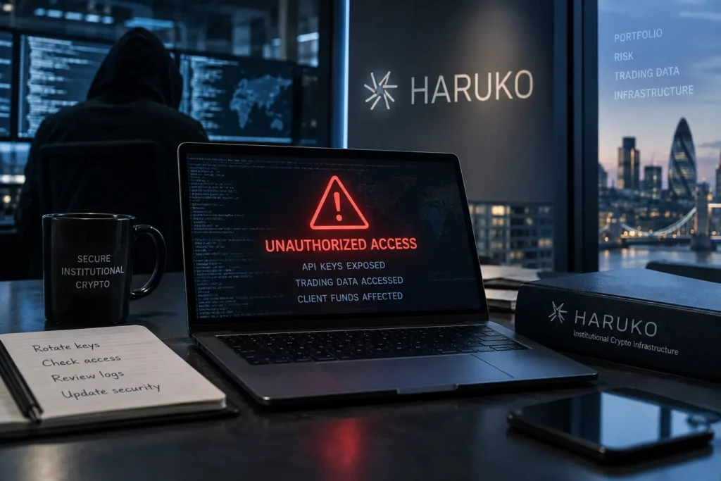 Haruko joutui kyberhyökkäyksen kohteeksi, hupullinen hakkeri ja varoitusnäyttö