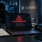 Haruko joutui kyberhyökkäyksen kohteeksi, hupullinen hakkeri ja varoitusnäyttö