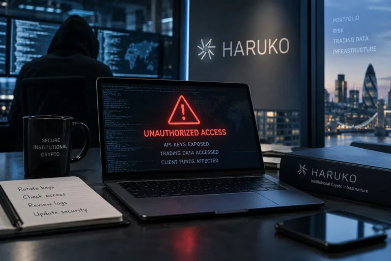 Haruko joutui kyberhyökkäyksen kohteeksi, hupullinen hakkeri ja varoitusnäyttö