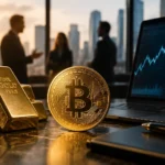 Instituutiot näkevät bitcoinin kultana: bitcoin-kolikko kultaharkkojen vieressä, taustalla teknologiaosakkeiden kurssikäyrä ja sijoittajia neuvottelemassa