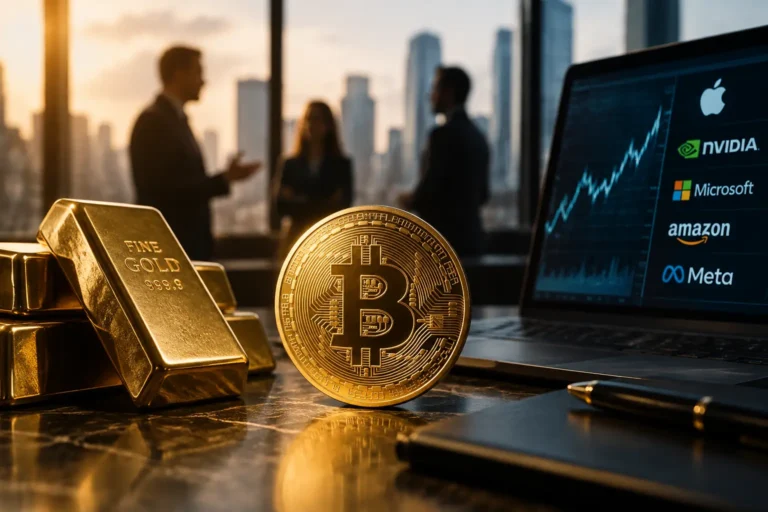 Instituutiot näkevät bitcoinin kultana: bitcoin-kolikko kultaharkkojen vieressä, taustalla teknologiaosakkeiden kurssikäyrä ja sijoittajia neuvottelemassa