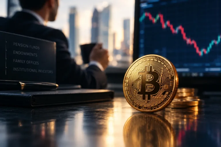 Instituutiot pitivät bitcoininsa romahduksessa: kultainen bitcoin-kolikko pöydällä, taustalla sijoittaja ja toipuva kurssikäyrä