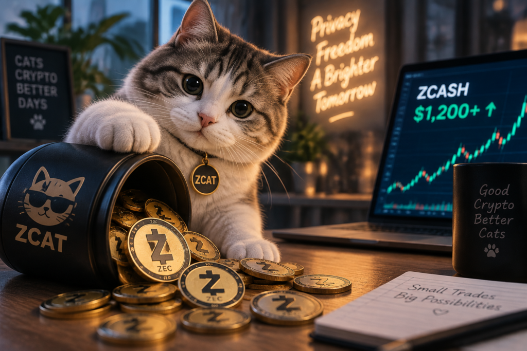 Kissameemikolikko ZCAT maksaa Zcashia: kissa ZCAT-purkin päällä ZEC-kolikoiden keskellä, taustalla Zcashin 1 200 dollarin kurssikäyrä