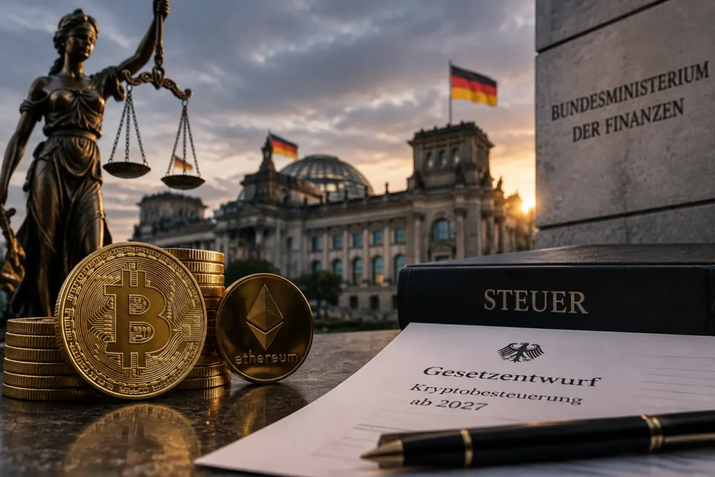 Saksan kryptovero 25 prosenttia: lakiluonnos sekä bitcoin- ja ethereum-kolikot Saksan valtiovarainministeriön edessä