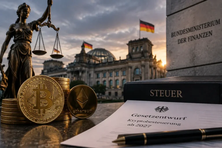 Saksan kryptovero 25 prosenttia: lakiluonnos sekä bitcoin- ja ethereum-kolikot Saksan valtiovarainministeriön edessä