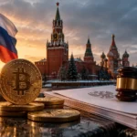 Venäjän kryptosääntely etenee aikataulussa: bitcoin-kolikot, nuija ja Kreml auringonlaskussa