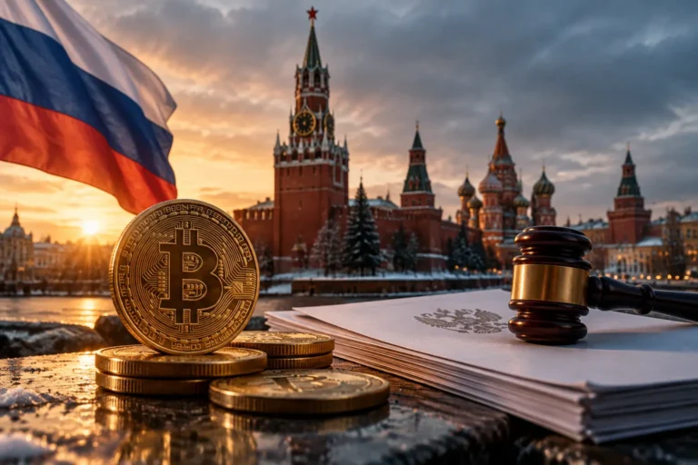 Venäjän kryptosääntely etenee aikataulussa: bitcoin-kolikot, nuija ja Kreml auringonlaskussa