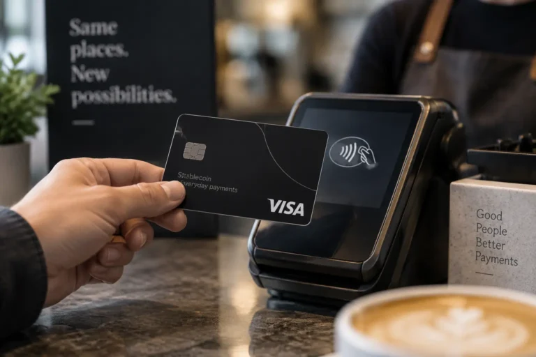 Visa laajentaa stablecoin-korttien verkostoa: musta Visa-kortti tekee lähimaksun kahvilan maksupäätteellä