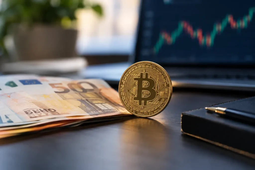 Ensimmäinen euroon suojattu bitcoin-ETC: bitcoin-kolikko euroseteleiden vieressä ja kurssikaavio taustalla