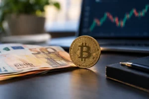 Ensimmäinen euroon suojattu bitcoin-ETC: bitcoin-kolikko euroseteleiden vieressä ja kurssikaavio taustalla
