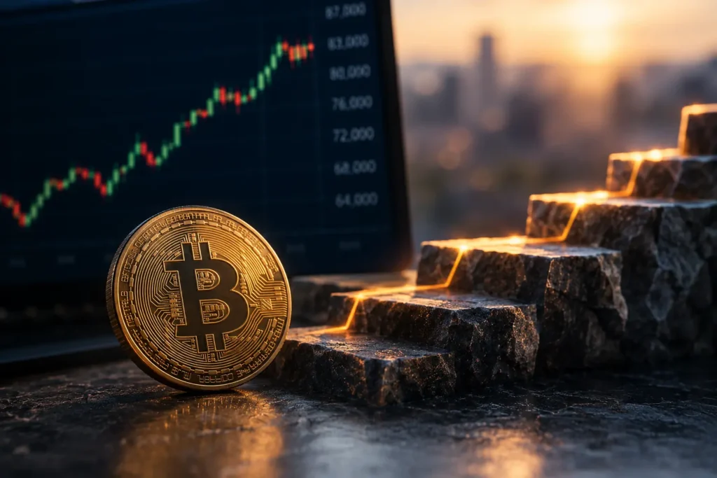 Bitcoinin hinnan porrasmainen nousu kuvattuna kultaisella bitcoin-kolikolla, nousevalla kurssikaaviolla ja hehkuvilla kiviportailla.